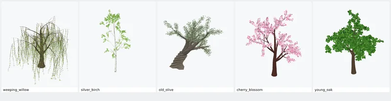 Claude Sonnet 5.5: five OBJ models with leaves and blossom